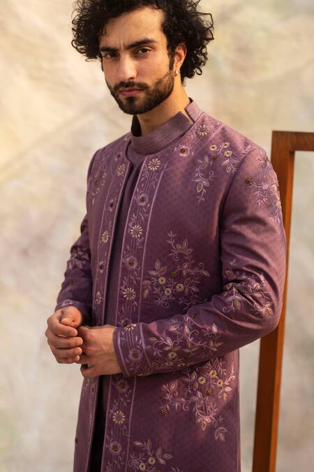 Shop_Jatin Malik_Purple Slub Silk Embroidered Jacket And Kurta Set _at_Aza_Fashions