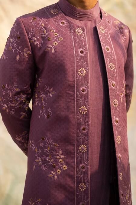 Jatin Malik_Purple Slub Silk Embroidered Jacket And Kurta Set _Online_at_Aza_Fashions