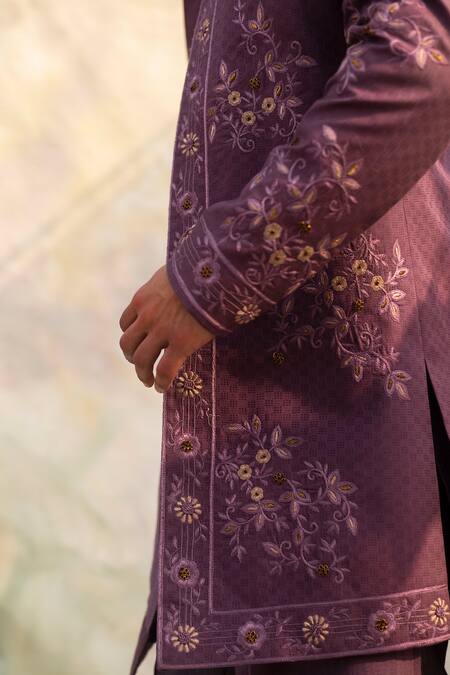 Buy_Jatin Malik_Purple Slub Silk Embroidered Jacket And Kurta Set _Online_at_Aza_Fashions