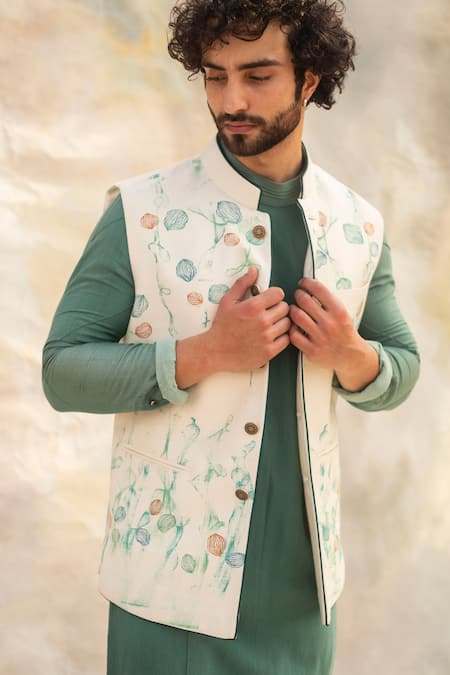 Jatin Malik_White Cotton , Slub Embroidered Bundi And Kurta Set _Online_at_Aza_Fashions