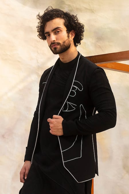 Shop Jatin Malik Black Slub Silk, Egyptian Cotton Hand-painted Bundi And Kurta Set at Aza Fashions Shop_Jatin Malik_Black Slub Silk, Egyptian Cotton Hand-painted Bundi And Kurta Set _at_Aza_Fashions