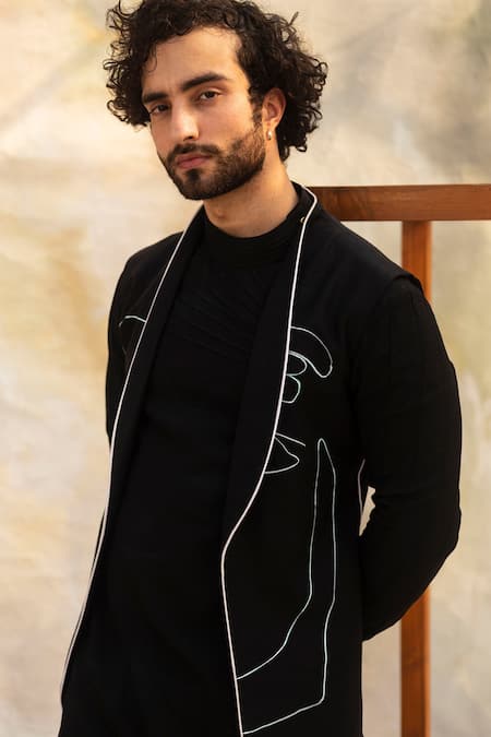 Jatin Malik Black Slub Silk, Egyptian Cotton Hand-painted Bundi And Kurta Set Online at Aza Fashions Jatin Malik_Black Slub Silk, Egyptian Cotton Hand-painted Bundi And Kurta Set _Online_at_Aza_Fashions