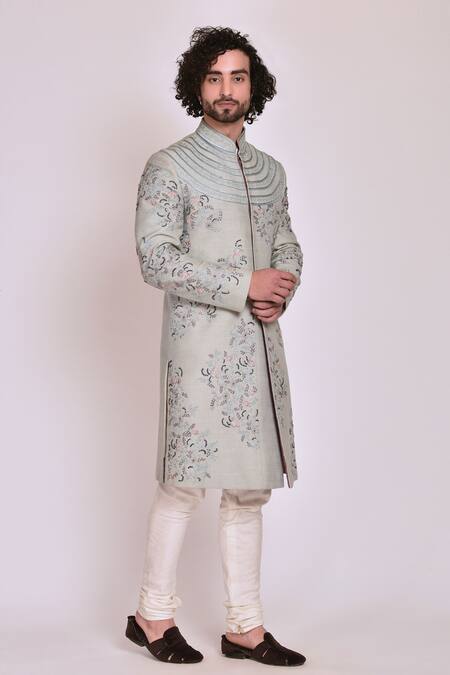 Jatin Malik_Blue Slub Silk Embroidered Sherwani Set _Online_at_Aza_Fashions