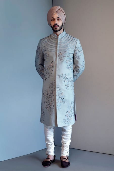 Buy Jatin Malik Blue Slub Silk Embroidered Sherwani Set Online at Aza Fashions Buy_Jatin Malik_Blue Slub Silk Embroidered Sherwani Set _Online_at_Aza_Fashions