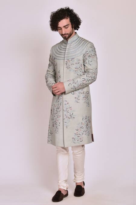 Shop_Jatin Malik_Blue Slub Silk Embroidered Sherwani Set _Online_at_Aza_Fashions