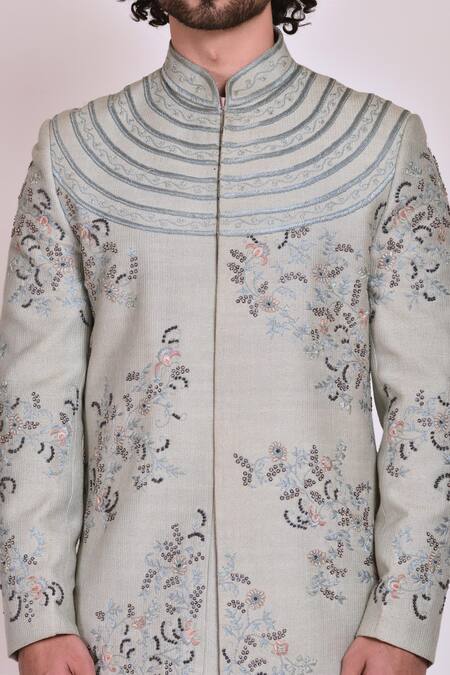 Jatin Malik_Blue Slub Silk Embroidered Sherwani Set _at_Aza_Fashions