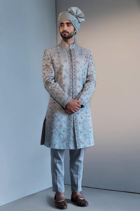 Jatin Malik Blue Linen Silk Embroidered Sherwani Set