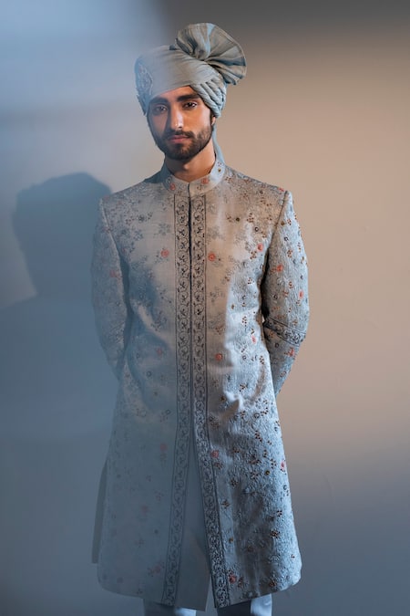Shop Jatin Malik Blue Linen Silk Embroidered Sherwani Set at Aza Fashions Shop_Jatin Malik_Blue Linen Silk Embroidered Sherwani Set _at_Aza_Fashions