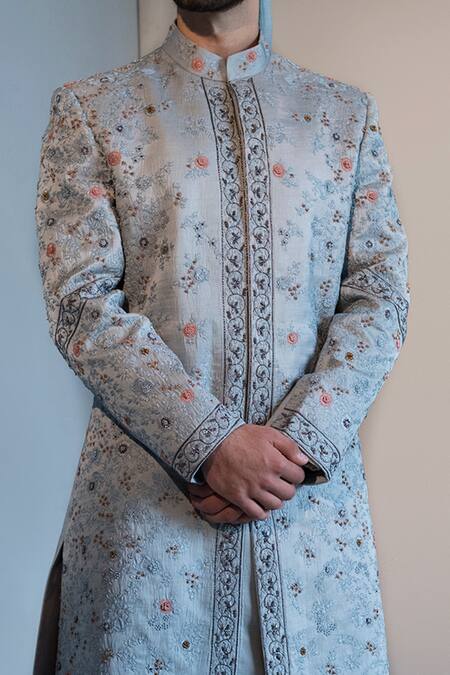 Jatin Malik Blue Linen Silk Embroidered Sherwani Set Online at Aza Fashions Jatin Malik_Blue Linen Silk Embroidered Sherwani Set _Online_at_Aza_Fashions