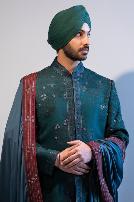 Jatin Malik Green Cotton Silk Embroidered Sherwani Set Online at Aza Fashions Jatin Malik_Green Cotton Silk Embroidered Sherwani Set _Online_at_Aza_Fashions