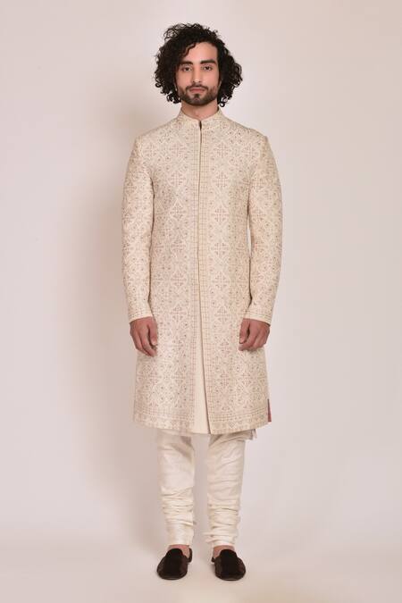 Jatin Malik_White Linen Silk Embroidered Sherwani Set _Online_at_Aza_Fashions