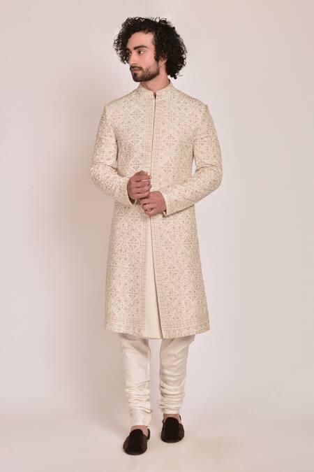 Buy_Jatin Malik_White Linen Silk Embroidered Sherwani Set _Online_at_Aza_Fashions