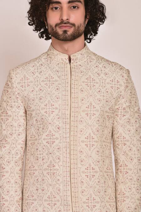 Jatin Malik_White Linen Silk Embroidered Sherwani Set _at_Aza_Fashions