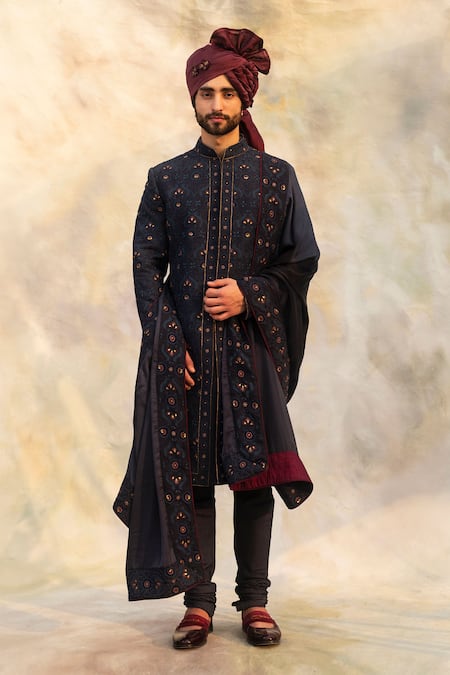 Jatin Malik Linen Silk Embroidered Sherwani Set 