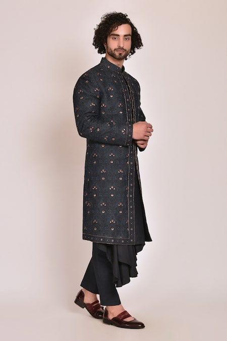 Jatin Malik_Blue Linen Silk Embroidered Sherwani Set _Online_at_Aza_Fashions