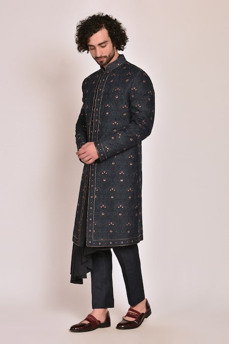 Buy_Jatin Malik_Blue Linen Silk Embroidered Sherwani Set _Online_at_Aza_Fashions