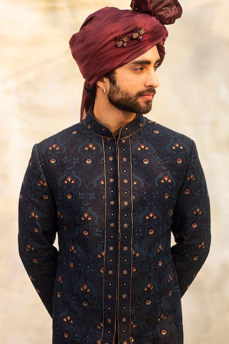 Shop_Jatin Malik_Blue Linen Silk Embroidered Sherwani Set _Online_at_Aza_Fashions