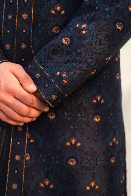 Jatin Malik_Blue Linen Silk Embroidered Sherwani Set _at_Aza_Fashions