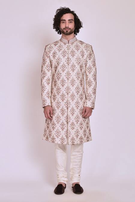Shop_Jatin Malik_White Slub Silk Embroidered Sherwani Set _Online_at_Aza_Fashions