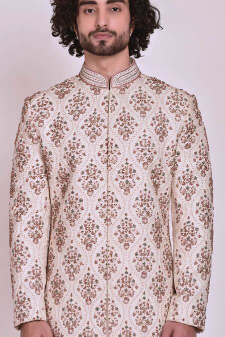 Jatin Malik_White Slub Silk Embroidered Sherwani Set _at_Aza_Fashions