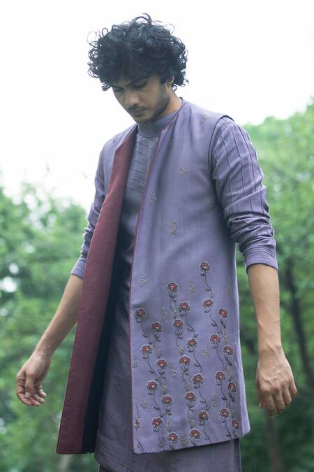 Jatin Malik Purple Cotton , Slub Embroidered Jacket And Kurta Set Online at Aza Fashions Jatin Malik_Purple Cotton , Slub Embroidered Jacket And Kurta Set _Online_at_Aza_Fashions