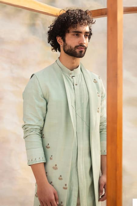 Shop Jatin Malik Blue Slub Silk Embroidered Jacket And Kurta Set at Aza Fashions Shop_Jatin Malik_Blue Slub Silk Embroidered Jacket And Kurta Set _at_Aza_Fashions
