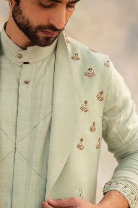 Jatin Malik Blue Slub Silk Embroidered Jacket And Kurta Set Online at Aza Fashions Jatin Malik_Blue Slub Silk Embroidered Jacket And Kurta Set _Online_at_Aza_Fashions