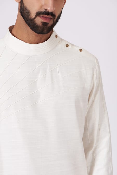 Buy_Jatin Malik_White Slub Silk Pintucks Kurta And Pant Set _Online_at_Aza_Fashions
