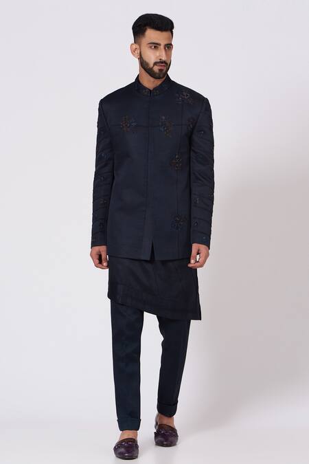 Buy_Jatin Malik_Blue Poly Silk Embroidered Bandhgala And Kurta Set _Online_at_Aza_Fashions