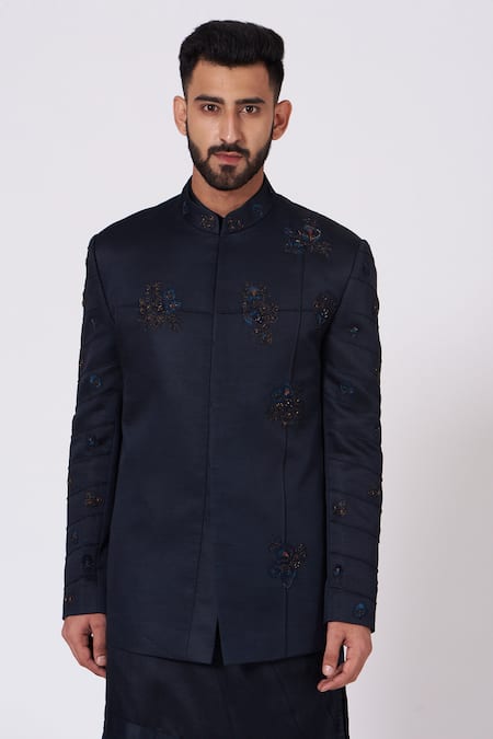 Shop_Jatin Malik_Blue Poly Silk Embroidered Bandhgala And Kurta Set _Online_at_Aza_Fashions