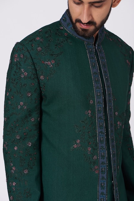 Jatin Malik_Green Slub Silk Embroidered Bandhgala And Pant Set _Online_at_Aza_Fashions