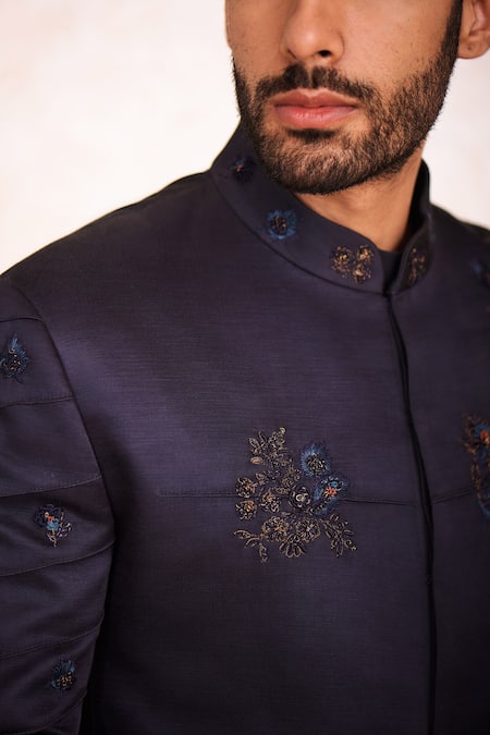 Jatin Malik_Blue Linen Silk, Lining Satin Floral Motifs Embroidered Bandhgala And Kurta Set _Online_at_Aza_Fashions