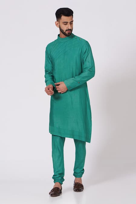Jatin Malik Green Slub Silk Pintucks Kurta And Pant Set 
