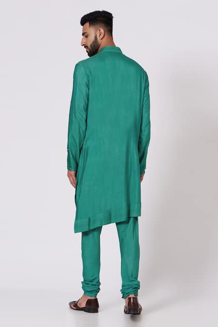Shop Jatin Malik Green Slub Silk Pintucks Kurta And Pant Set at Aza Fashions Shop_Jatin Malik_Green Slub Silk Pintucks Kurta And Pant Set _at_Aza_Fashions