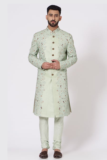 Buy Jatin Malik Green Linen Silk Embroidered Sherwani Set Online at Aza Fashions Buy_Jatin Malik_Green Linen Silk Embroidered Sherwani Set_Online_at_Aza_Fashions