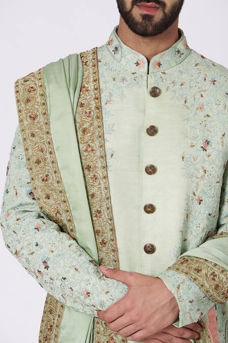 Jatin Malik Green Linen Silk Embroidered Sherwani Set at Aza Fashions Jatin Malik_Green Linen Silk Embroidered Sherwani Set_at_Aza_Fashions