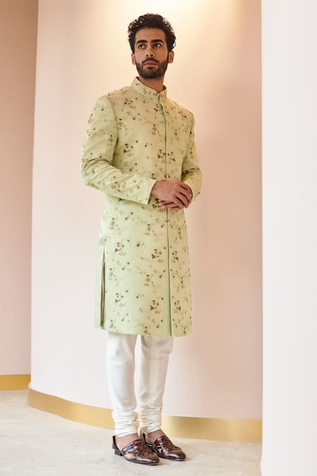 Jatin Malik_Green Linen Silk, Lining Satin Dabka Embroidery Sherwani And Kurta Set _Online_at_Aza_Fashions