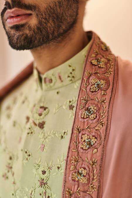 Buy_Jatin Malik_Green Linen Silk, Lining Satin Dabka Embroidery Sherwani And Kurta Set _Online_at_Aza_Fashions