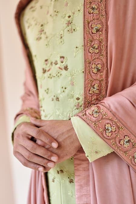 Shop_Jatin Malik_Green Linen Silk, Lining Satin Dabka Embroidery Sherwani And Kurta Set _Online_at_Aza_Fashions