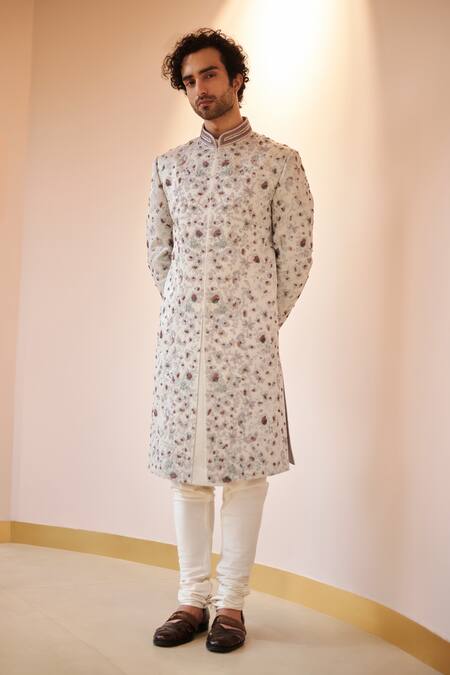 Jatin Malik Grey Linen Silk, Lining Satin Floral Print Sherwani Set Online at Aza Fashions Jatin Malik_Grey Linen Silk, Lining Satin Floral Print Sherwani Set _Online_at_Aza_Fashions