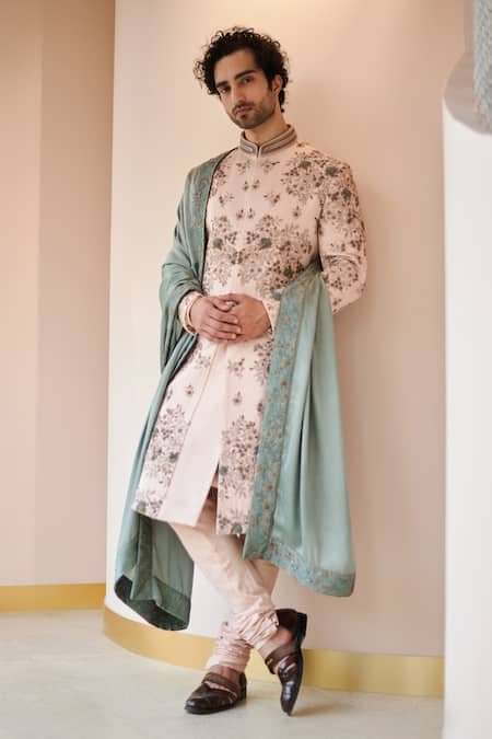 Jatin Malik Pink Linen Silk Embroidered Floral Motifs Hand Sherwani And Kurta Set 