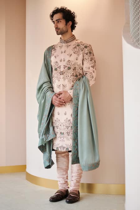 Jatin Malik_Pink Linen Silk, Lining Satin Floral Hand Embroidered Sherwani And Kurta Set _Online_at_Aza_Fashions
