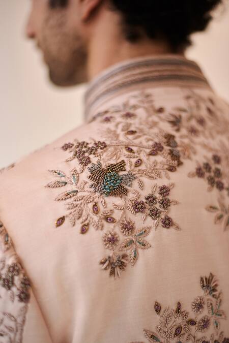 Shop_Jatin Malik_Pink Linen Silk, Lining Satin Floral Hand Embroidered Sherwani And Kurta Set _Online_at_Aza_Fashions