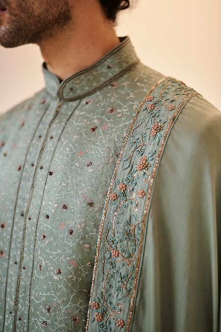 Buy_Jatin Malik_Grey Linen Silk, Lining Satin Floral Print Jamawar Sherwani And Kurta Set _Online_at_Aza_Fashions
