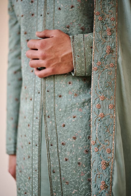 Shop_Jatin Malik_Grey Linen Silk, Lining Satin Floral Print Jamawar Sherwani And Kurta Set _Online_at_Aza_Fashions
