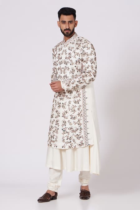 Jatin Malik_White Linen Silk Embroidered Sherwani Set_Online_at_Aza_Fashions