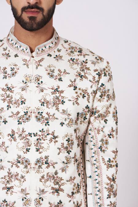 Jatin Malik_White Linen Silk Embroidered Sherwani Set_at_Aza_Fashions