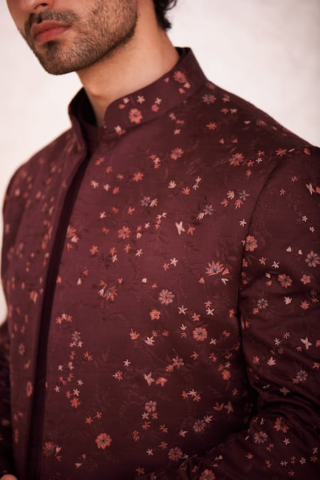 Buy_Jatin Malik_Maroon Linen Silk, Lining Satin Floral Motifs Jamawar Short Jacket And Kurta Set _Online_at_Aza_Fashions