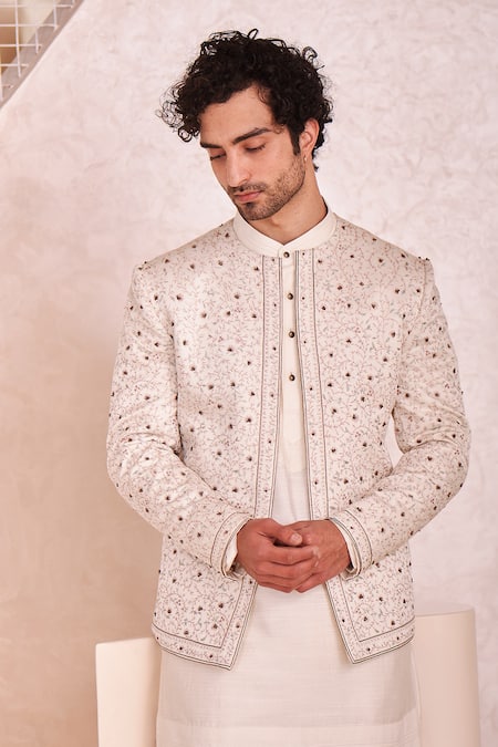 Buy_Jatin Malik_White Linen Silk, Lining Satin Floral Motifs Embroidered Jacket And Kurta Set _Online_at_Aza_Fashions