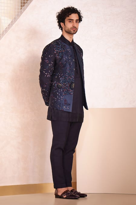 Jatin Malik_Blue Linen Silk, Lining Satin Floral Motifs Ombre Jacket And Kurta Set _Online_at_Aza_Fashions